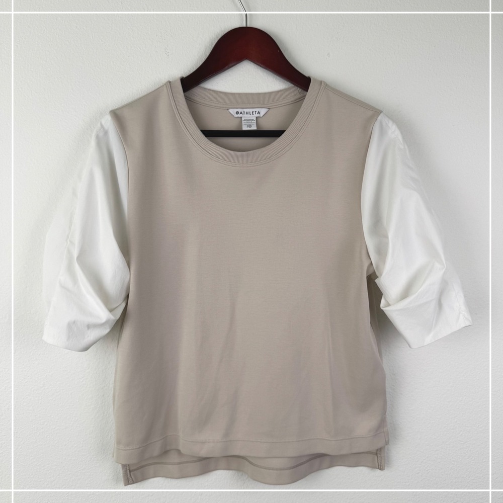 Athleta Mixed Media Top Women XXS Tan White Excellent Puff Sleeve Casual Chic